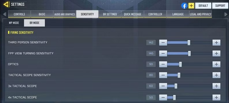 Sensitivity Settings Screen