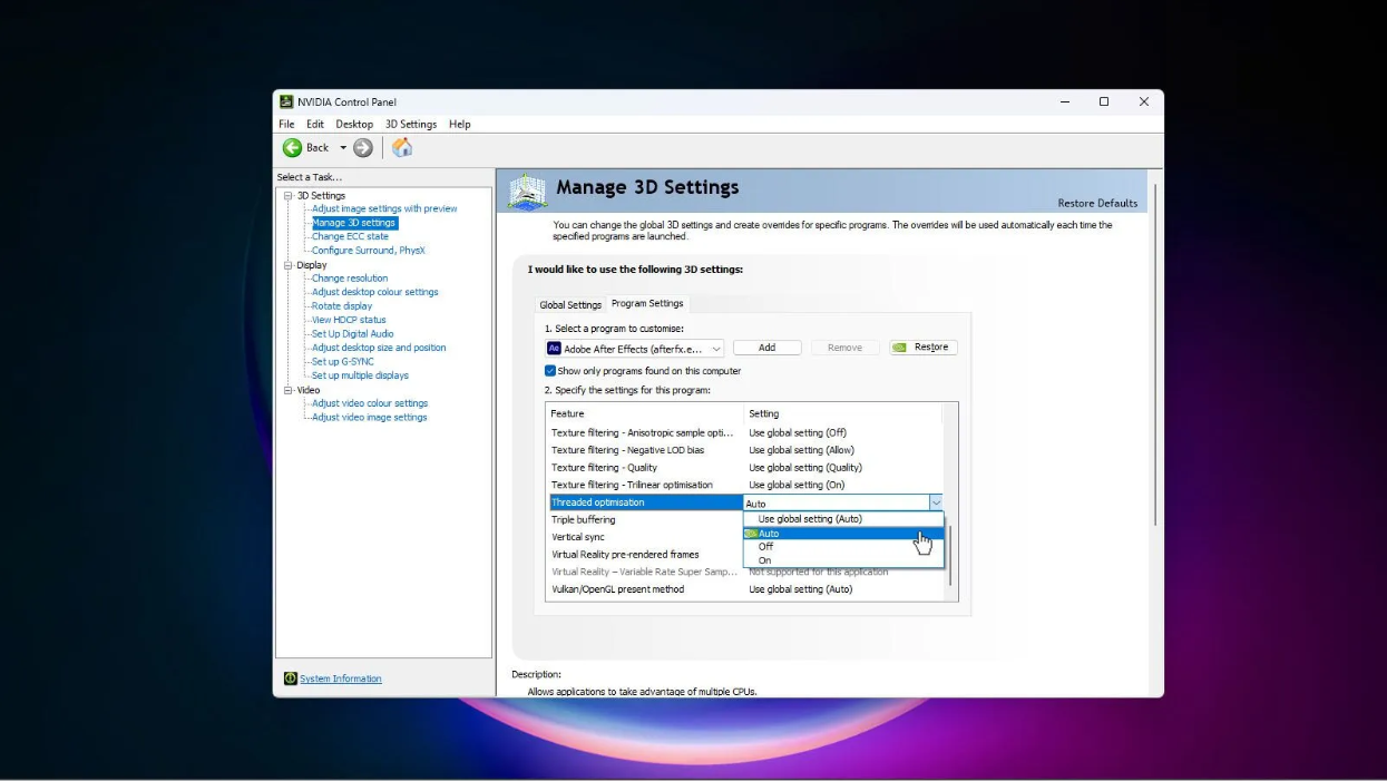 Nvidia 3D Settings Screen
