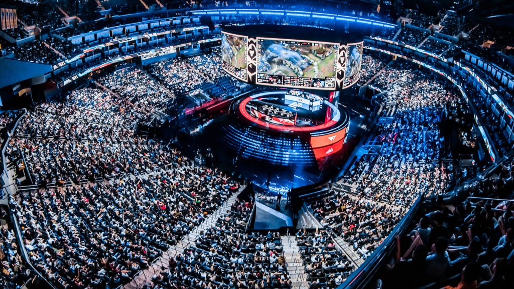 Worlds 2024 arena with screens and people