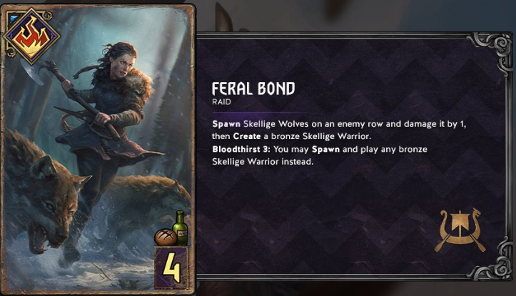 A woman wielding an axe dashes through the snow with baying wolves beside her on the art for Skellige's new Raid card, Feral Bond