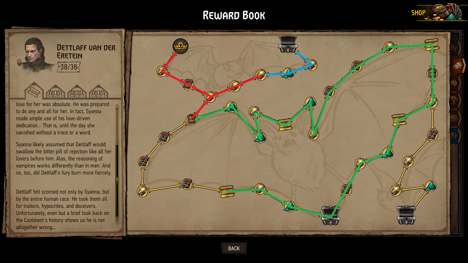 The different routes are shown in red, blue and green on the reward tree for Detlaff