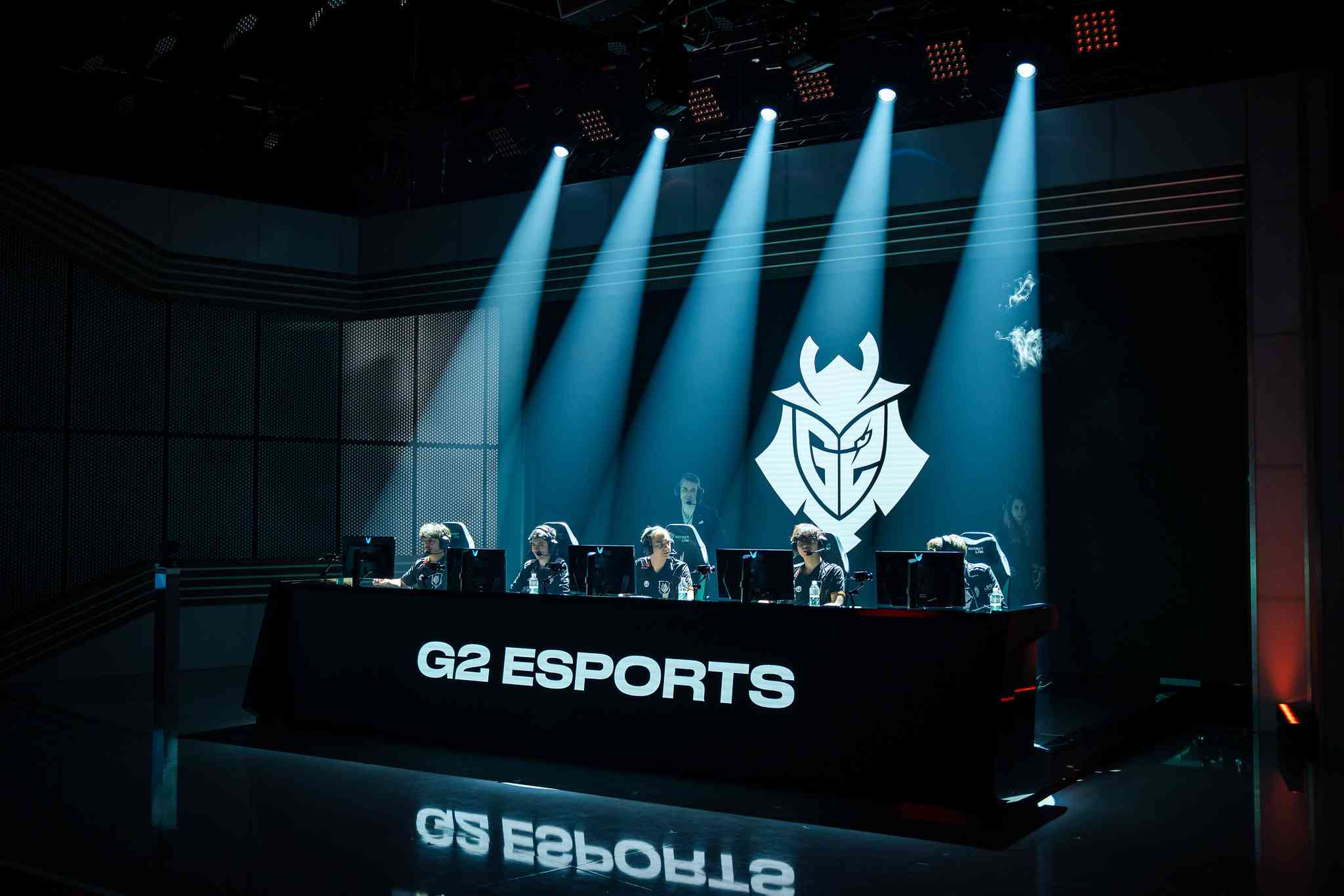 G2, on the stage, under the spotlight (literally). Credit: Wojciech Wandzel/Riot Games