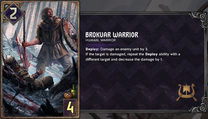 The new Brokvar Warrior card for Skellige, featuring a warrior wielding a spear and shield, splattered with blood