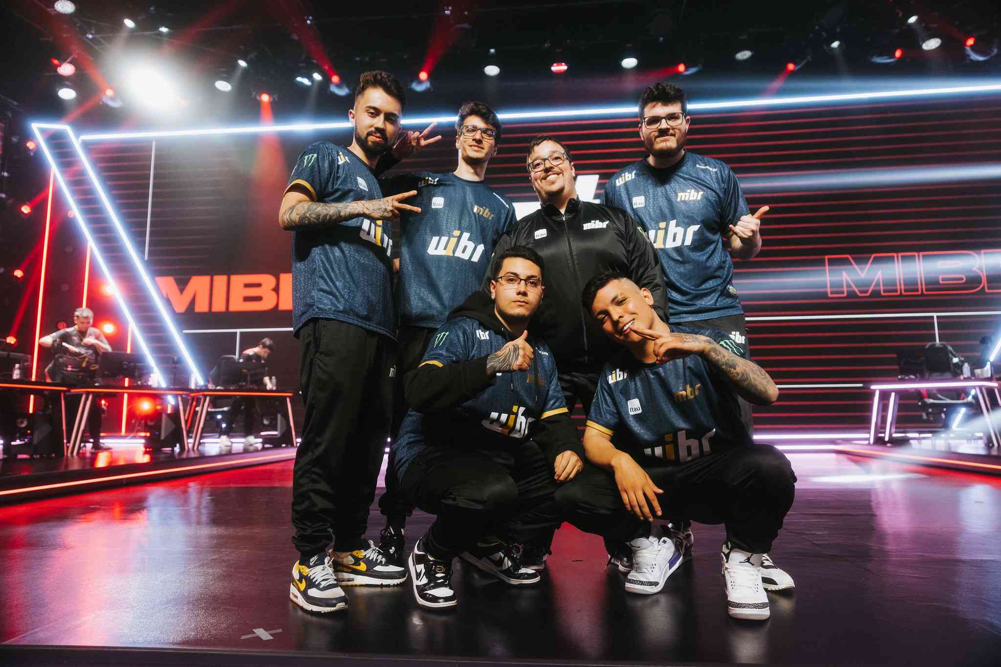 Members of MIBR pose for a photo after defeating KRU Esports in Week 2 of the 2023 VCT Americas season.