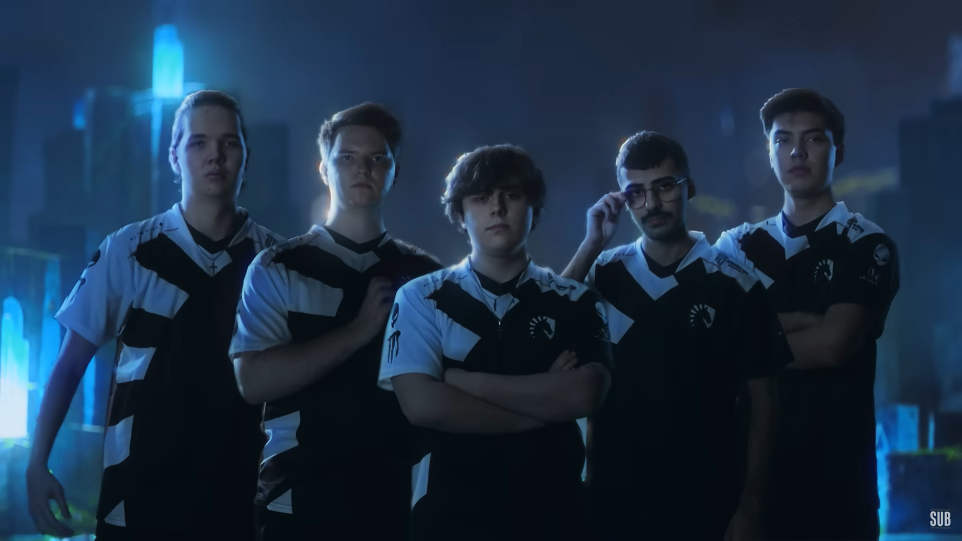 The roster for Team Liquid's Valorant team stand together in their jerseys