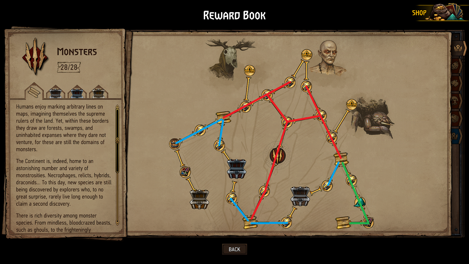 The different routes are shown in red, blue and green on the reward tree for Monsters