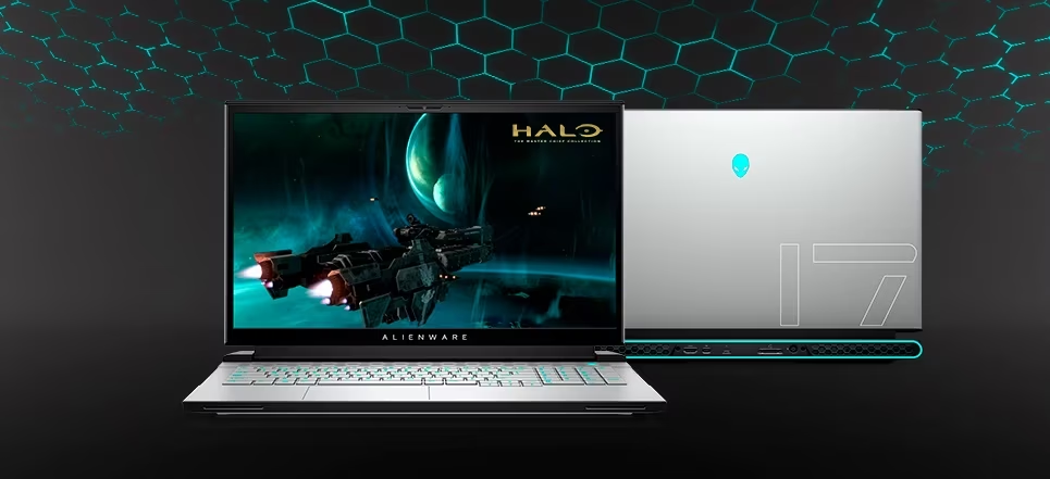 A silver Alienware i7 laptop from Dell showing a Halo wallpaper on the screen