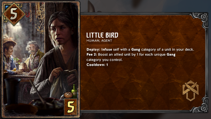 An orphan eavesdrops on two nobles chatting in the art for the new Little Bird agent card for Syndicate Decks