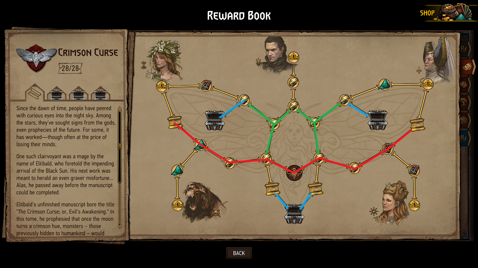 The different routes are shown in red, blue and green on the reward tree for Crimson Curse