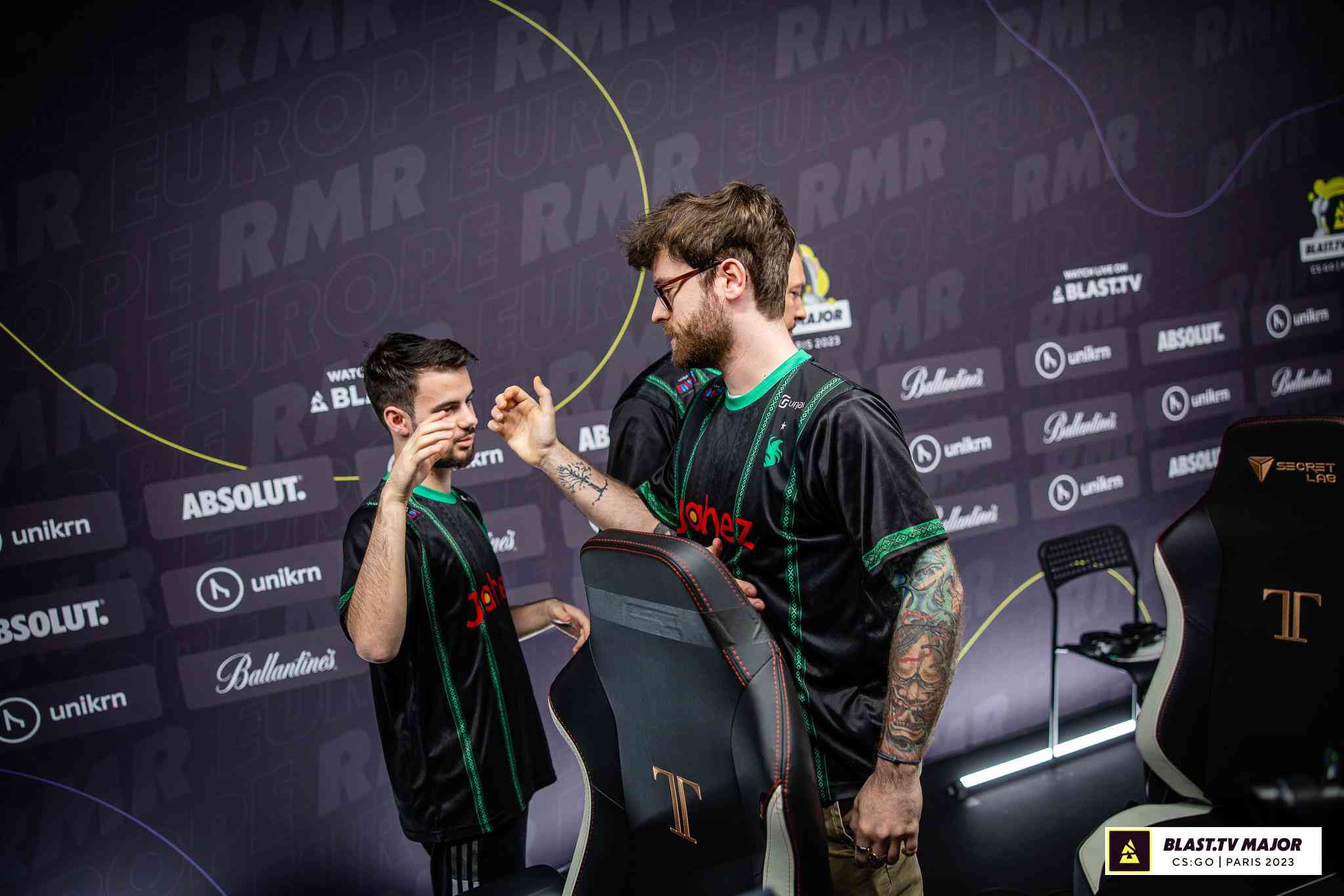 Nathan âNBK-â Schmitt celebrates with his team mates after a win at the BLAST.tv Paris Major 2023: European RMR A